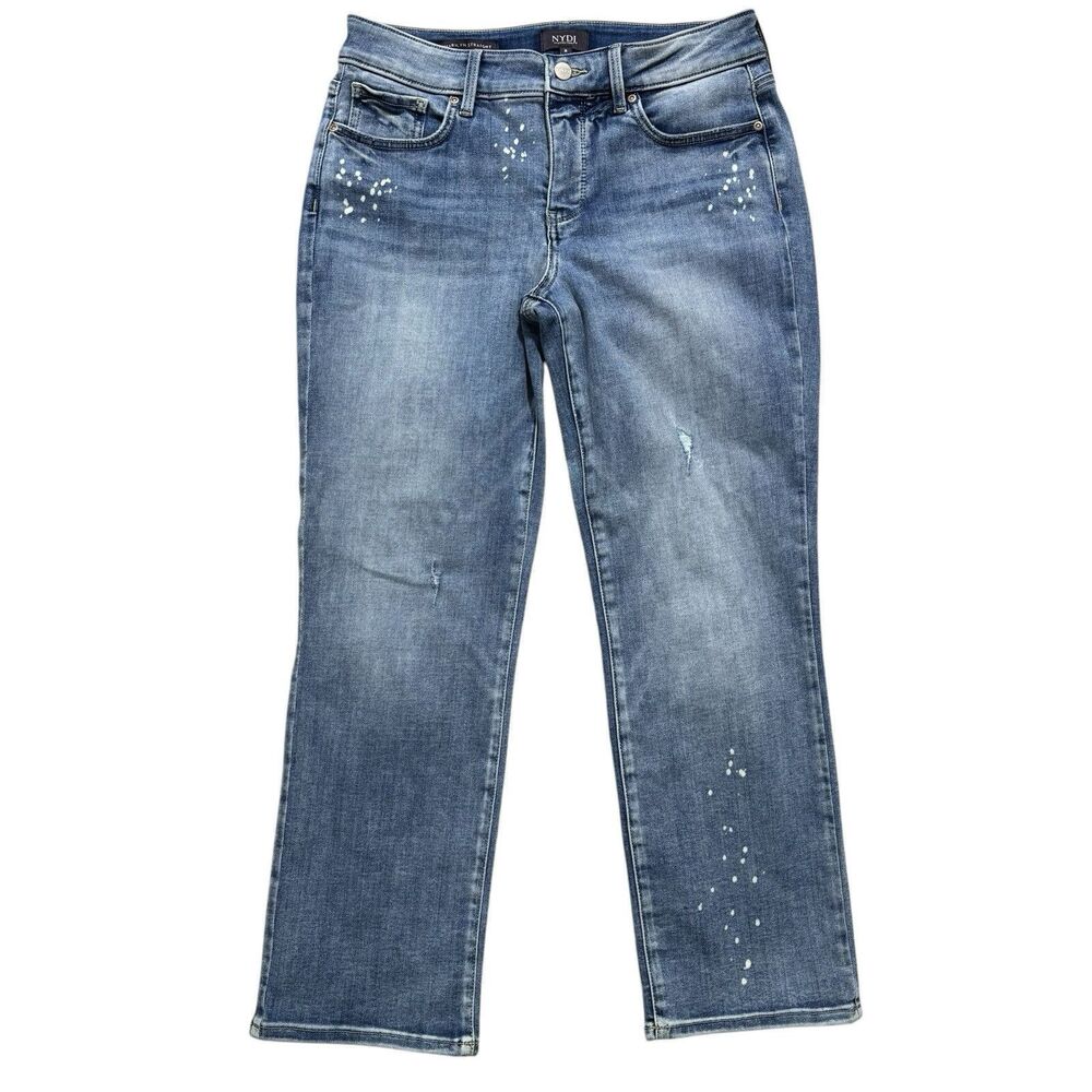 NYDJ Marilyn Straight Leg Jeans Crop Women’s Sz 8 Denim Stretch Bleach Splatter